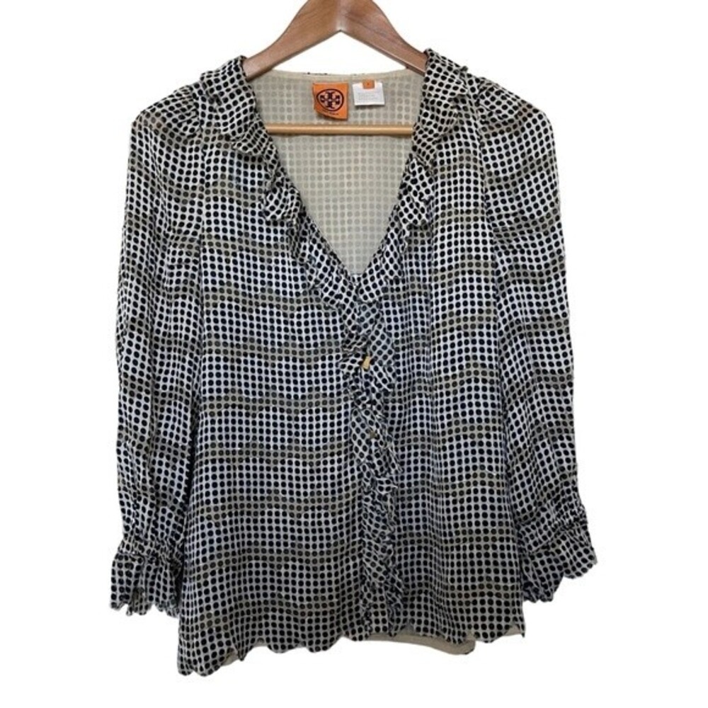 Tory Burch Button Down Blouse w/ Ruffled front and Raw Hems. Dot Pattern. Size 6